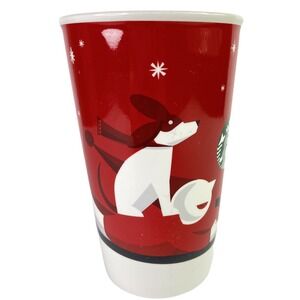 Starbucks 2011 Christmas Holiday Red Sledding Boy‎ Dog Ceramic Coffee Cup 16 Oz.